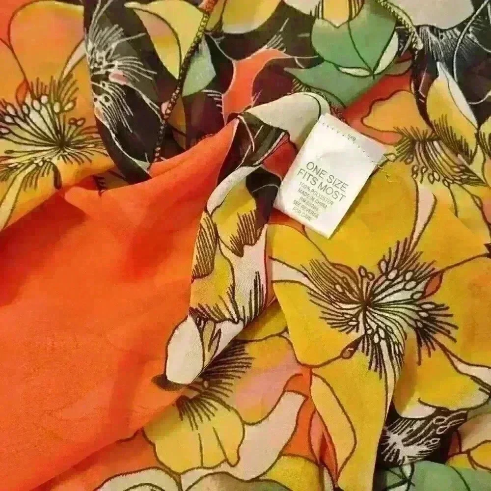 ORANGE FLORAL Beach Cover Sheer Open front Long Shawl LIGHTWEIGH Shrug One Size